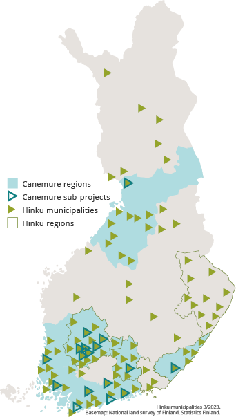 Map of Canemure regions, Canemure sub-projects, Hinku municipalities and Hinku regions.